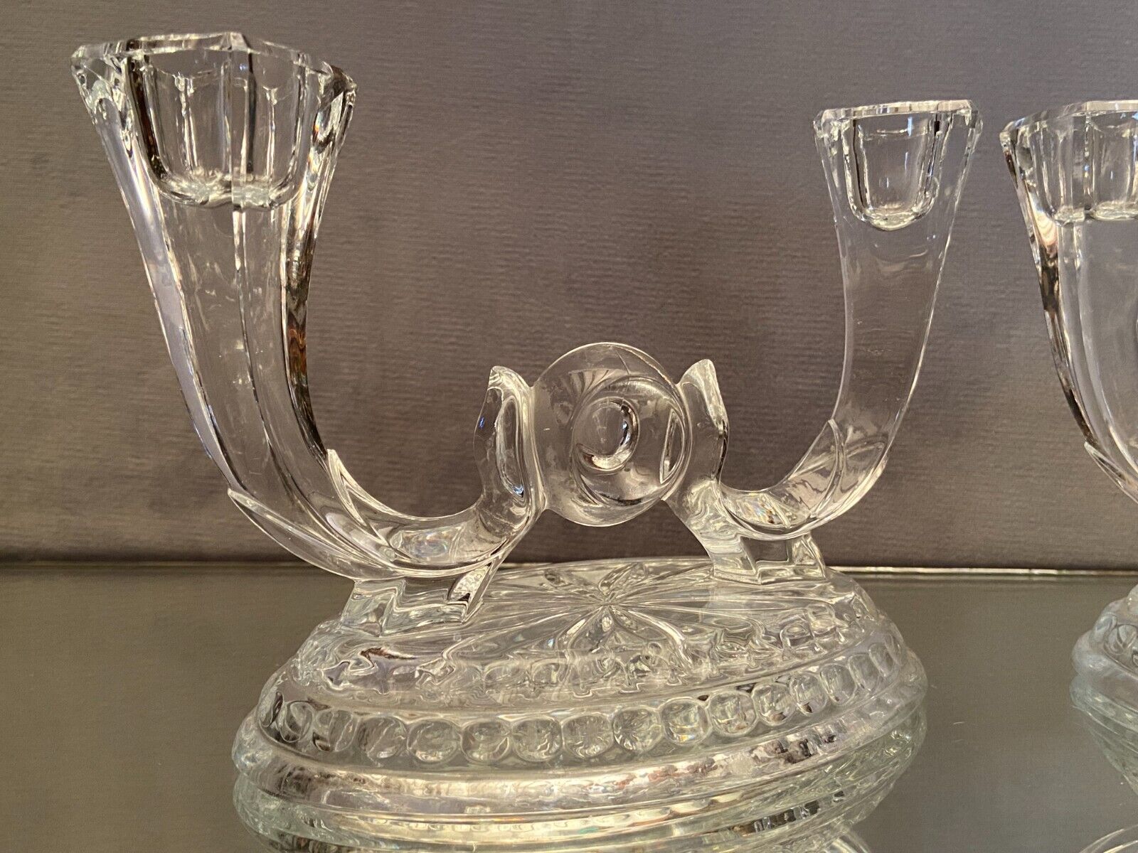 Pair of Val Saint Lambert crystal table end candlesticks