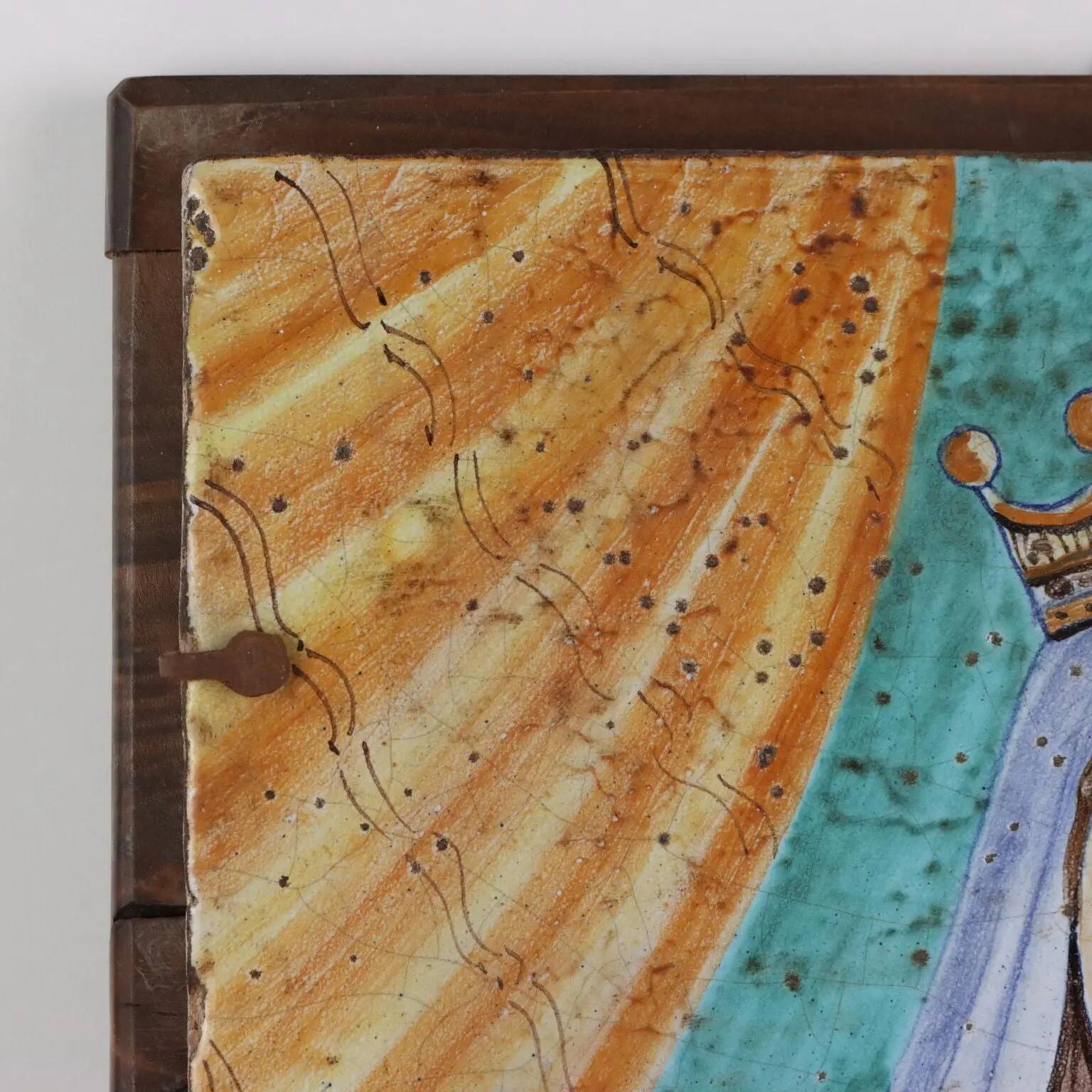 Ancient majolica painting on wood, religious subject, Italy 20th century.