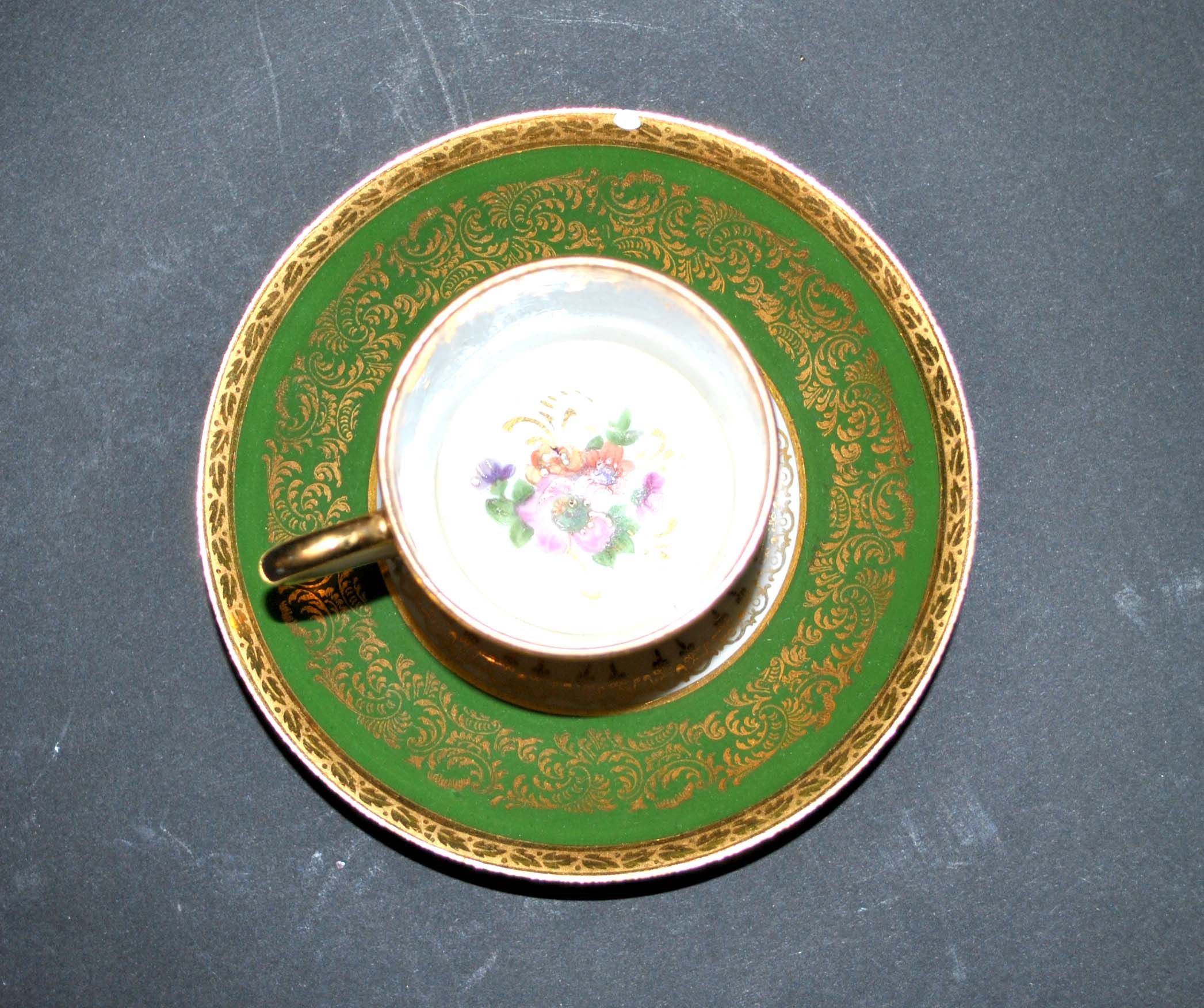Antique Limoges porcelain litron cup - green décor and golden frieze