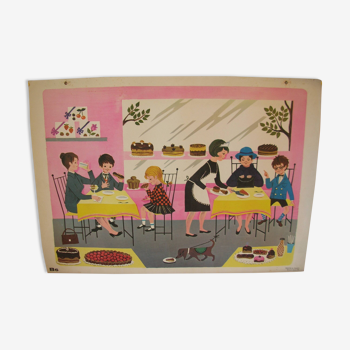 Ancienne affiche scolaire B6 Fernand Nathan 1966 salon de thé pâtisserie 74 cm