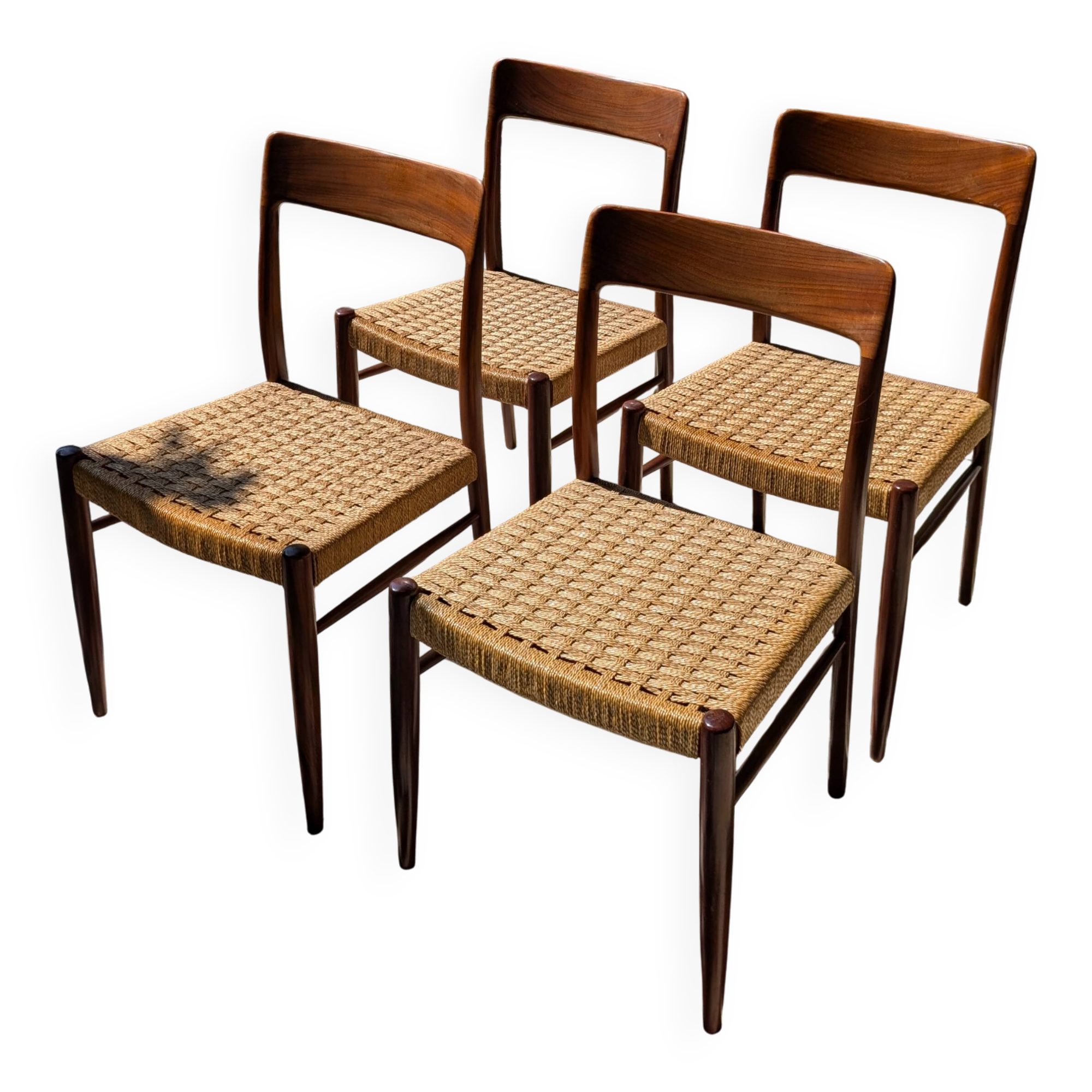 Set of 4 vintage teak chairs with weaving, Scandinavian, Mid-Century.