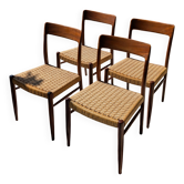 Lot de 4 chaises vintage en teck et tressage, Scandinave, MidCentury