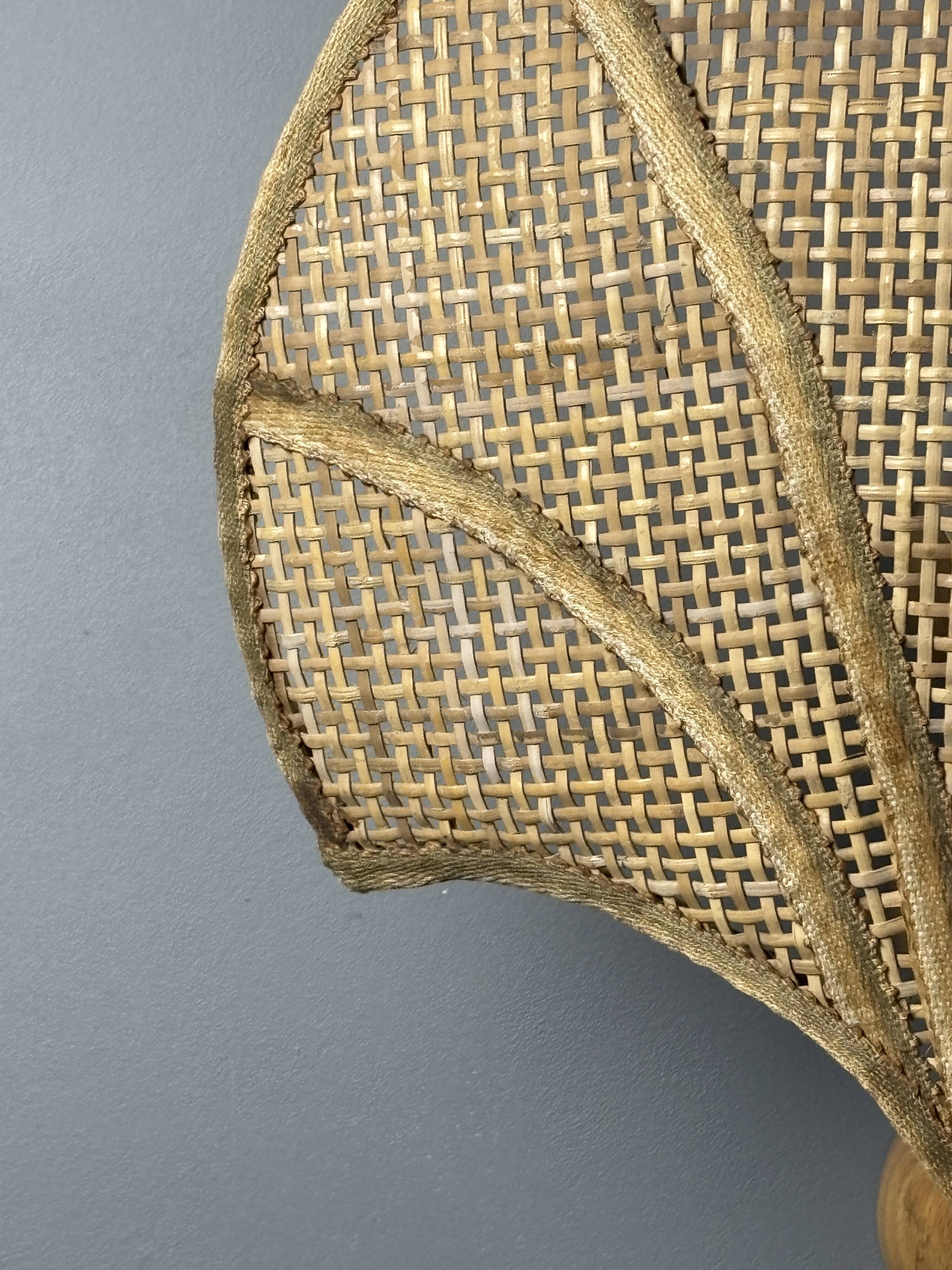 Pair midcentury Italian rattan wicker pine brass scallop wall sconces 1970s
