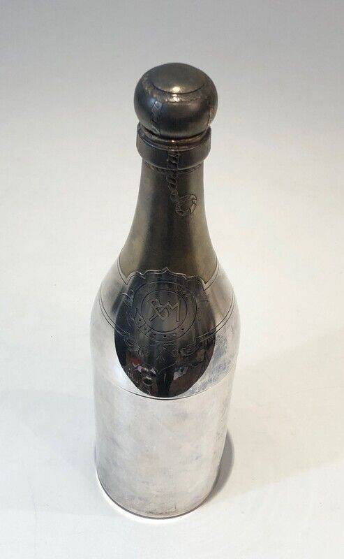 Rare silver-plated and brass shaker in the shape of a champagne bottle