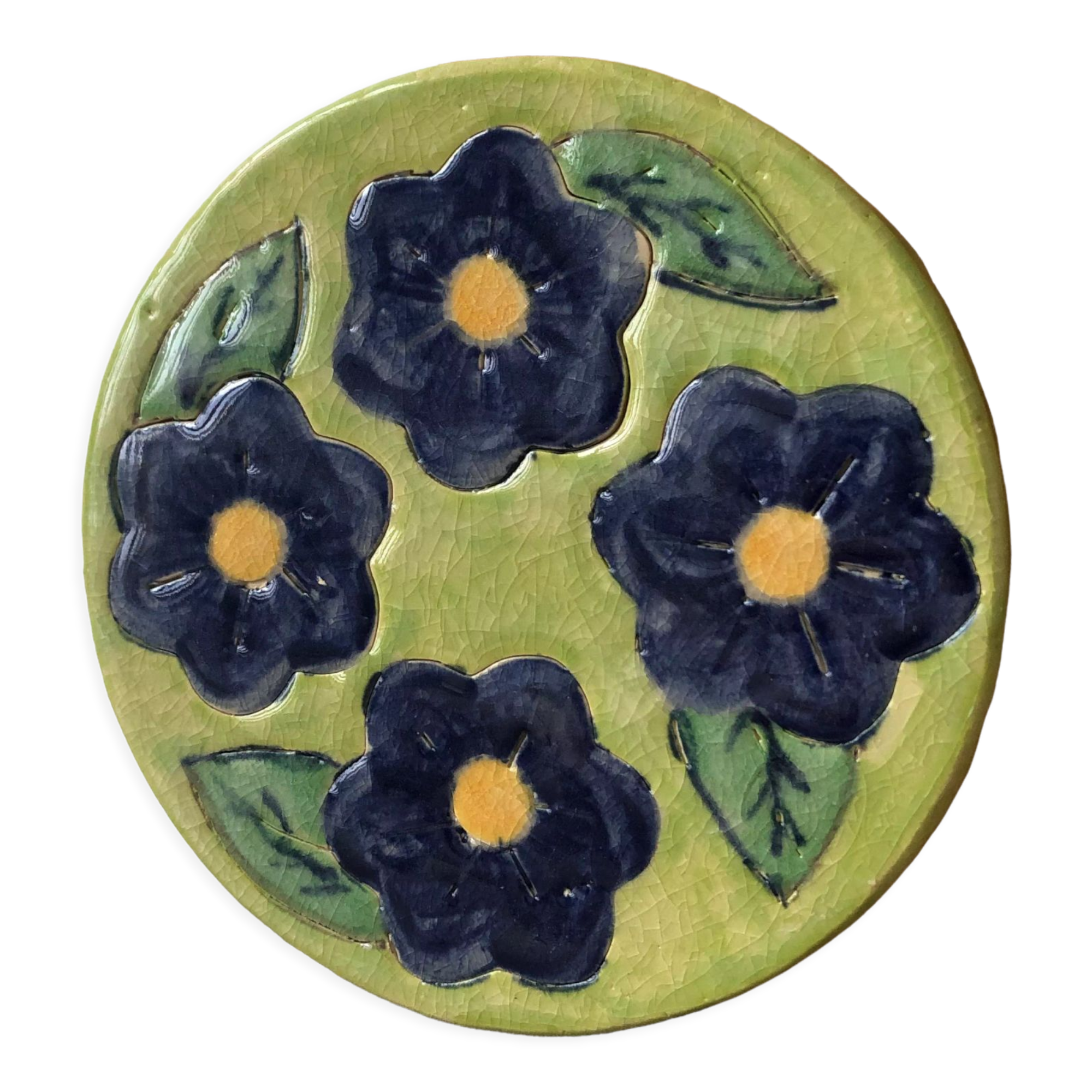Round trivia decorated with blue flowers on a green background.