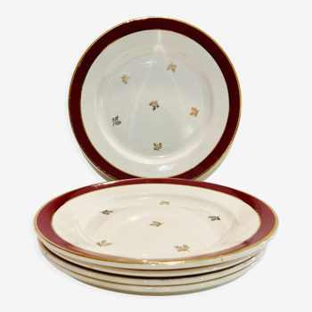 5 porcelain plates -decorated gilded and burgundy-badonvillea