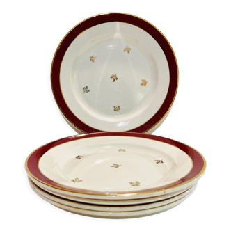 5 porcelain plates -decorated gilded and burgundy-badonvillea