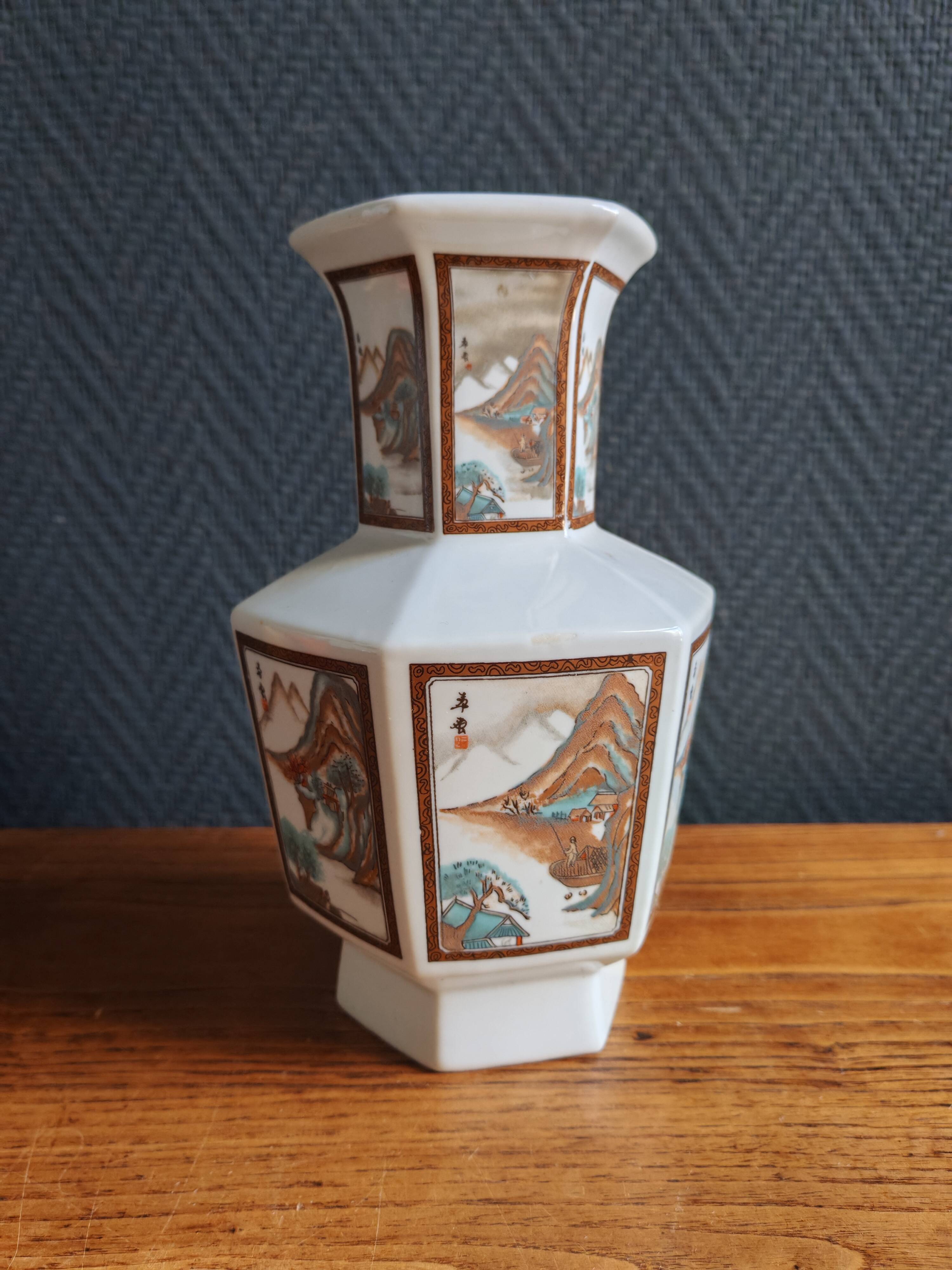 Vintage Hexagonal Japanese Porcelain Vase – Landscape Decoration