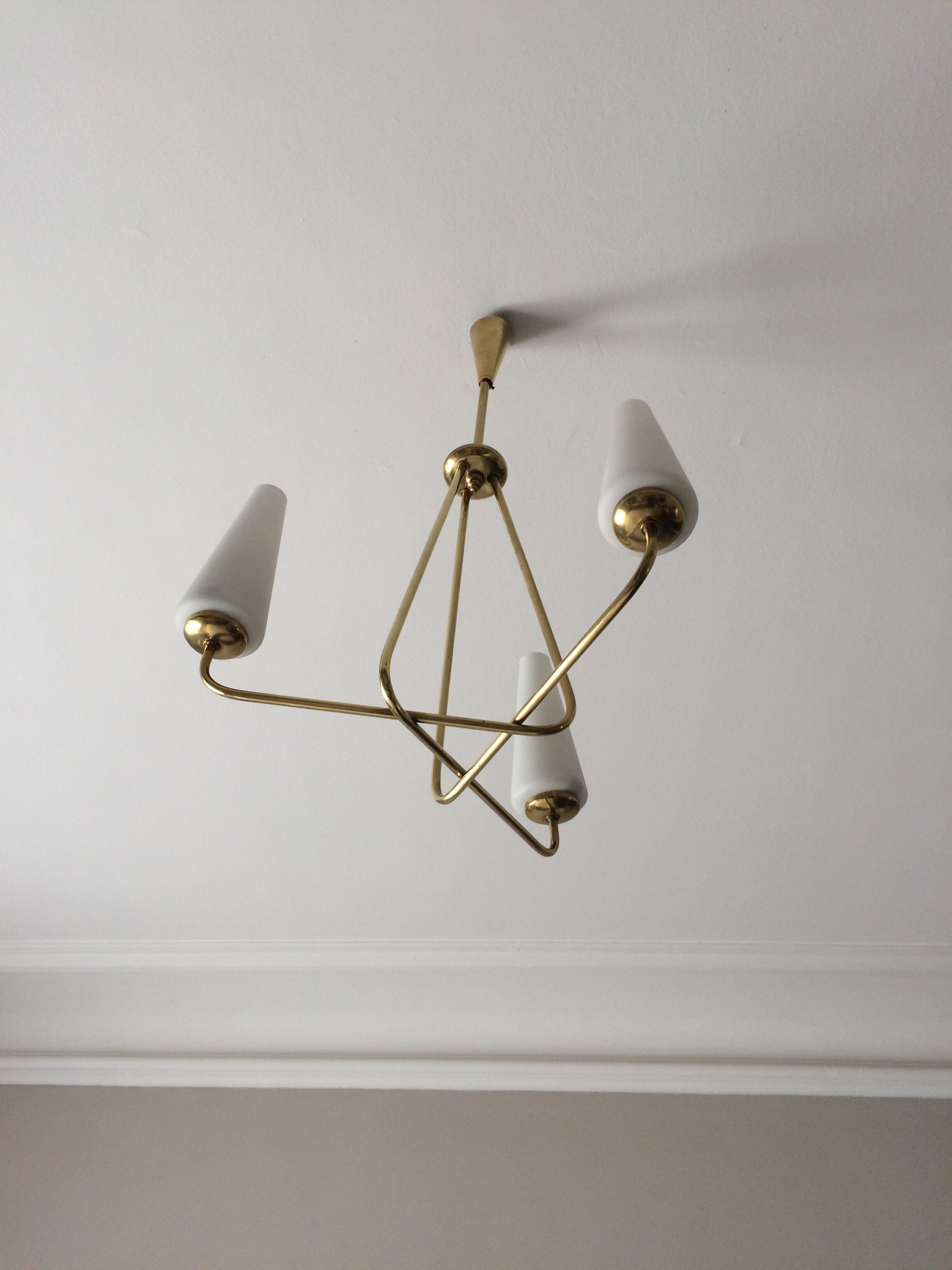 3-branch brass and opaline chandelier 1950/1960