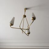 3-branch brass and opaline chandelier 1950/1960