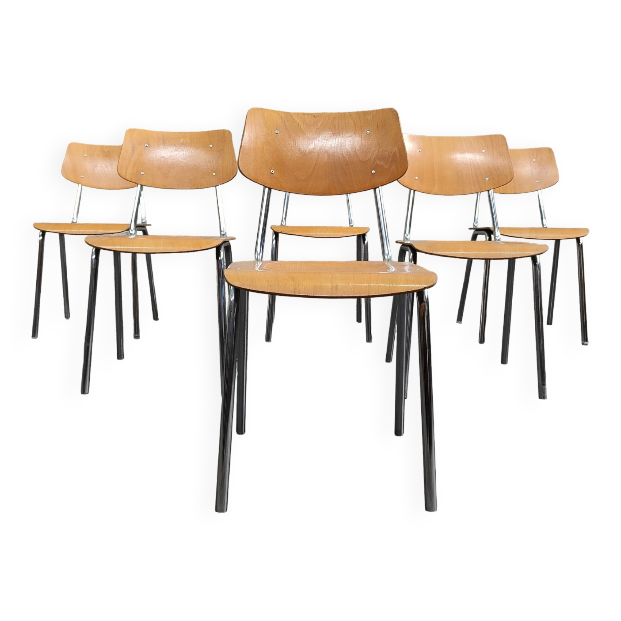 Set of 6 Czech chairs "Kovonac" school type, chrome and wood 1960