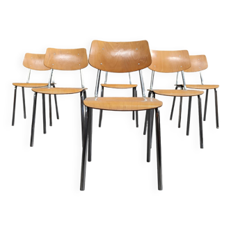 Set of 6 Czech chairs "Kovonac" school type, chrome and wood 1960