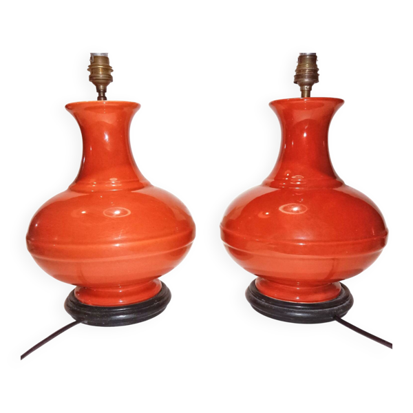 Paire de pied de lampe vases céramique ancienne forme gourde orange — Beyit