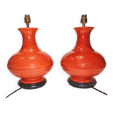 Pair of old ceramic vase lamp bases in orange gourd shape