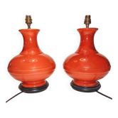 Paire de pied de lampe vases céramique ancienne forme gourde orange