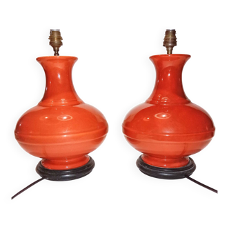 Pair of old ceramic vase lamp bases in orange gourd shape