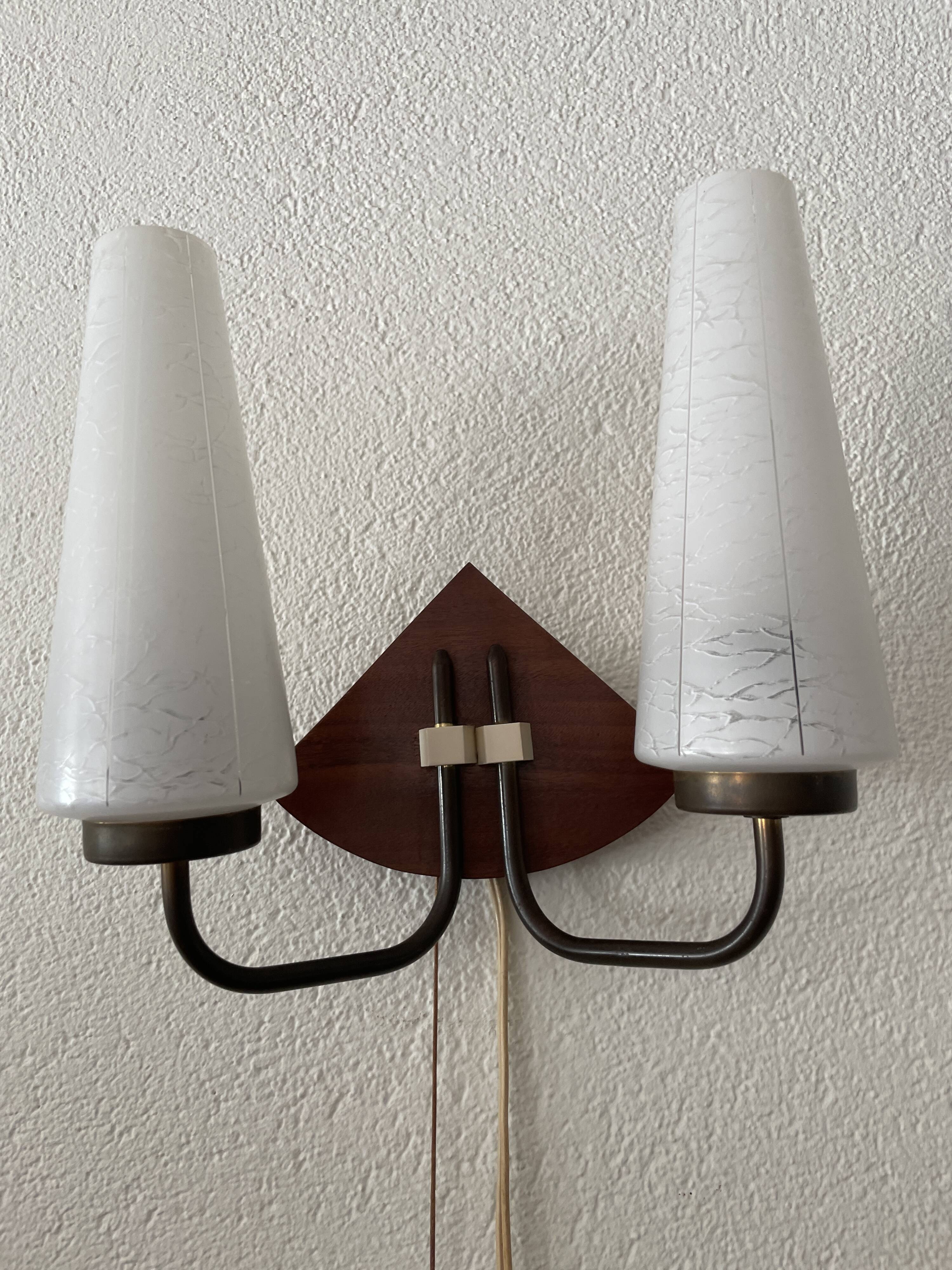 Art deco opaline, wood and brass 2 armed wall light