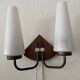 Art deco opaline, wood and brass 2 armed wall light