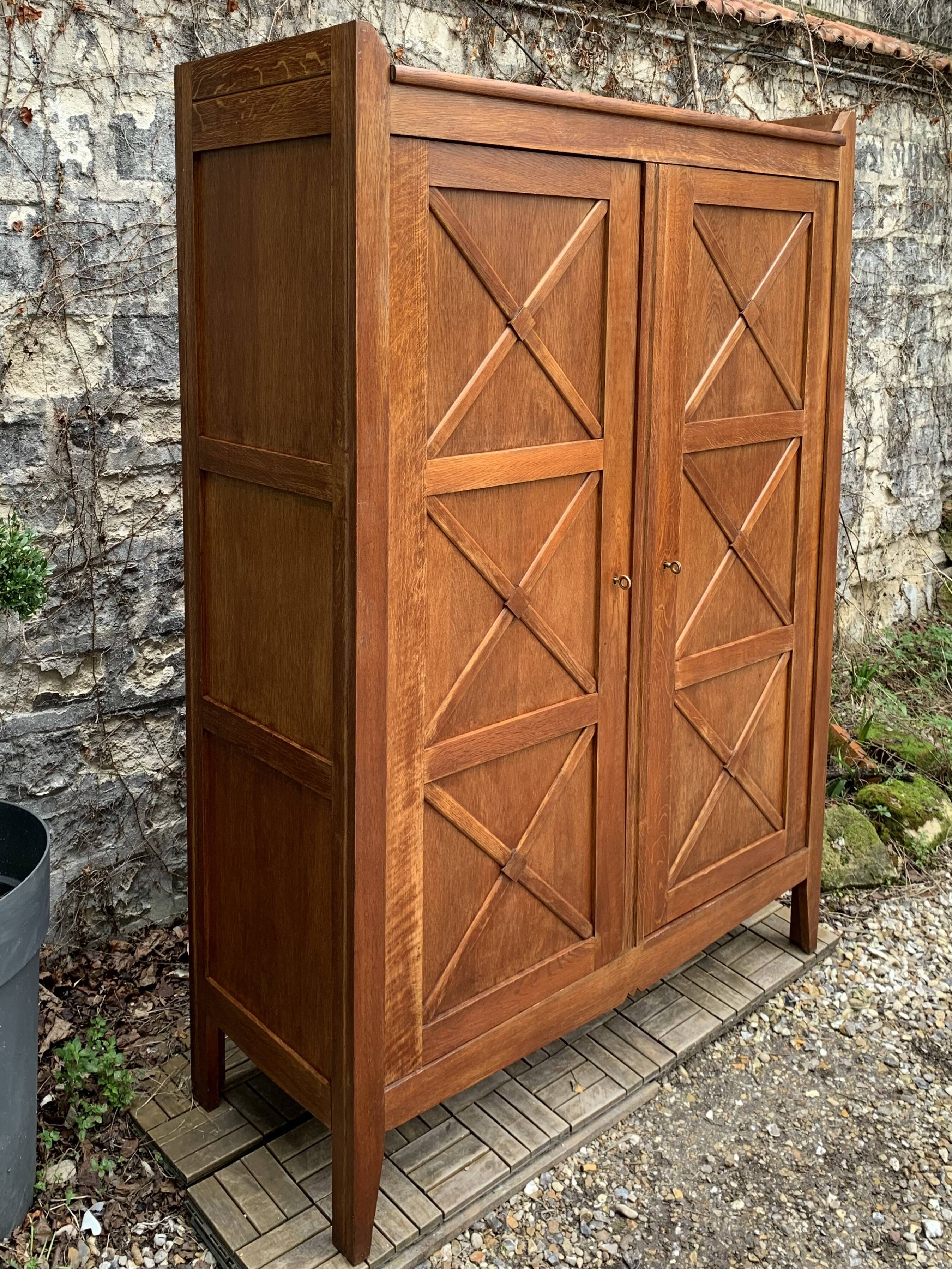 Vintage solid oak cross-braced wardrobe 1940