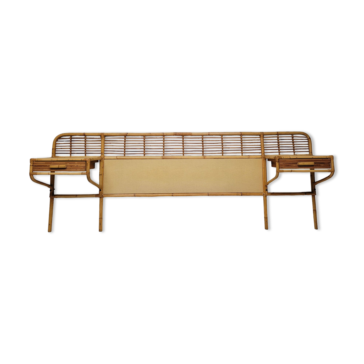Rattan headboard with vintage bedside tables 1960