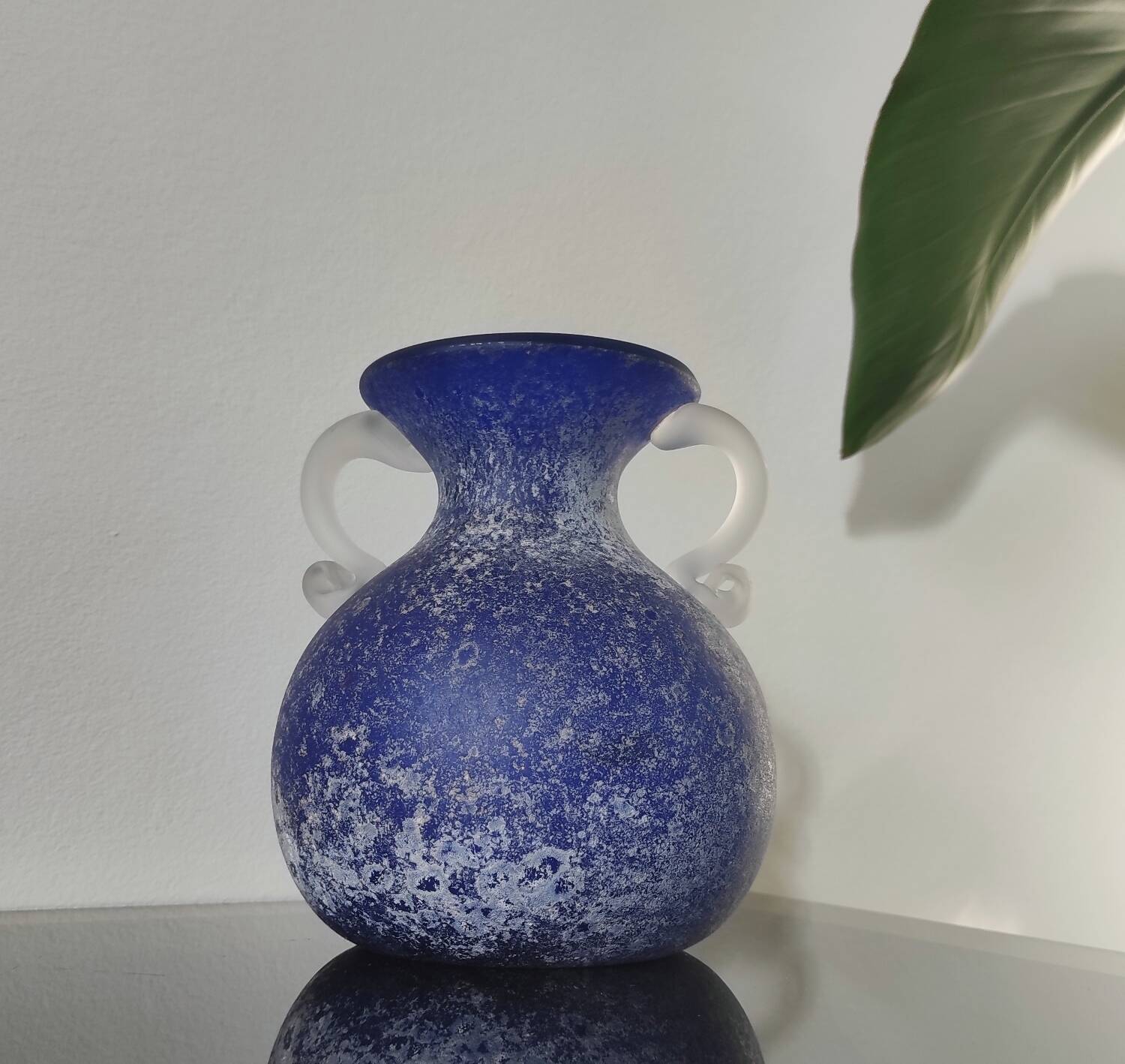 Vintage cobalt blue powdered glass amphora vase