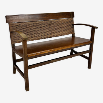French rope and elm wood bench, 1960s