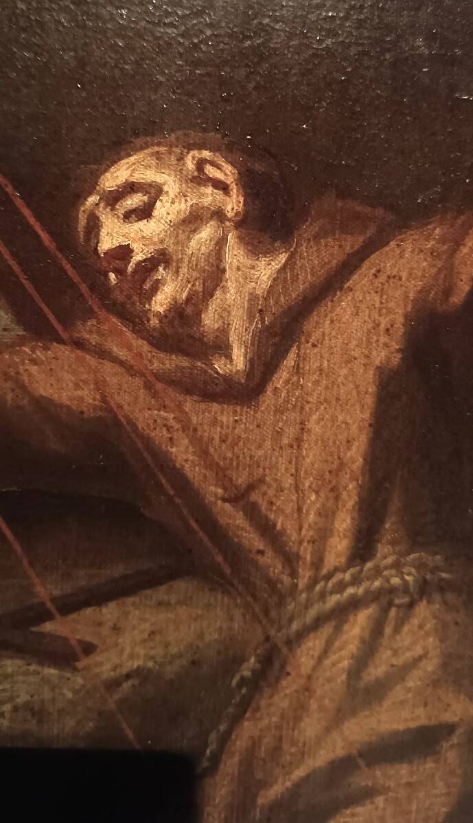 Old oil painting on canvas depicting Saint Francis in ecstasy