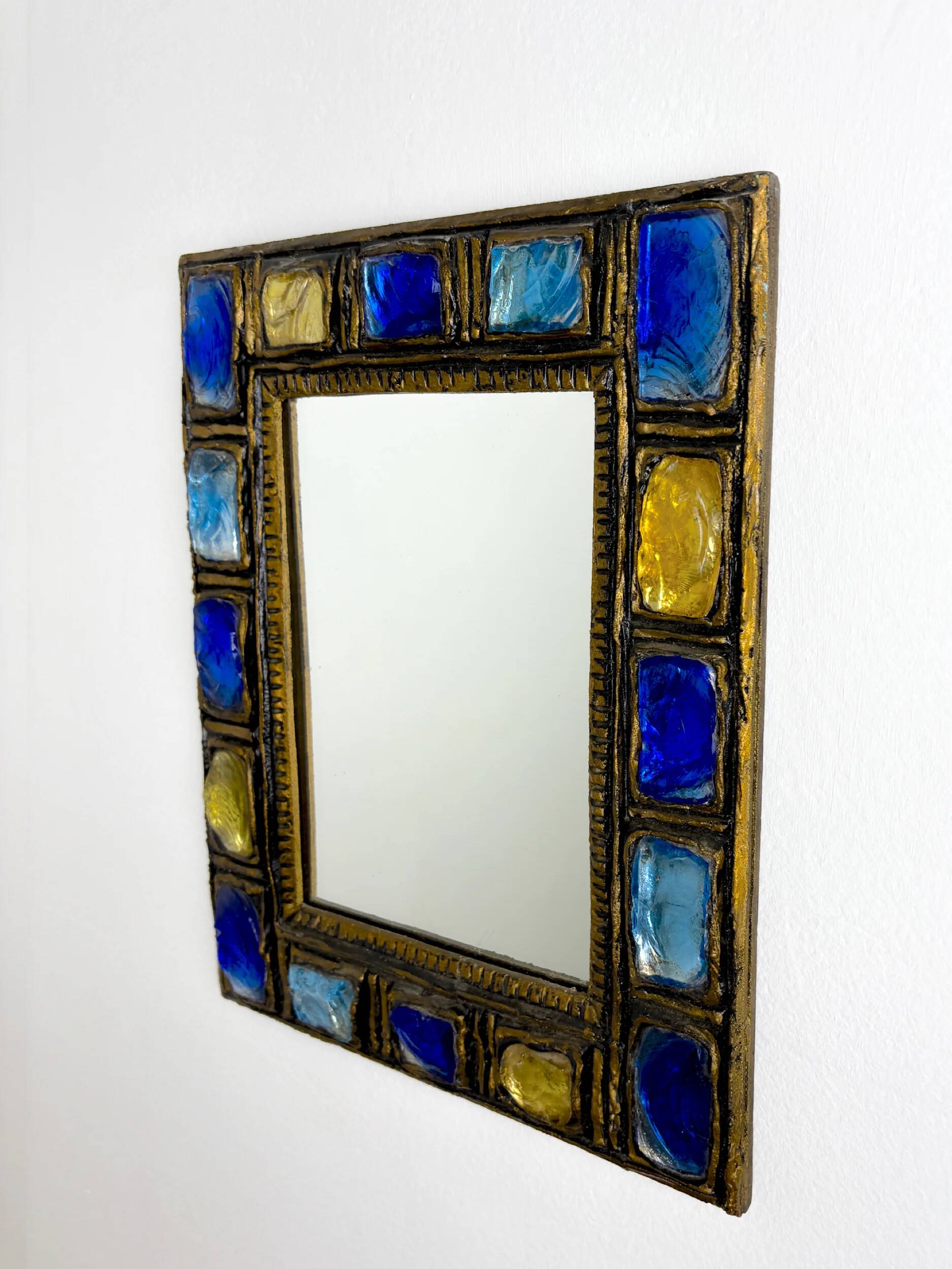 Italian mid-century mirror by Creaciones Gobesso, blue & yellow Murano rock crystals, circa 1960s