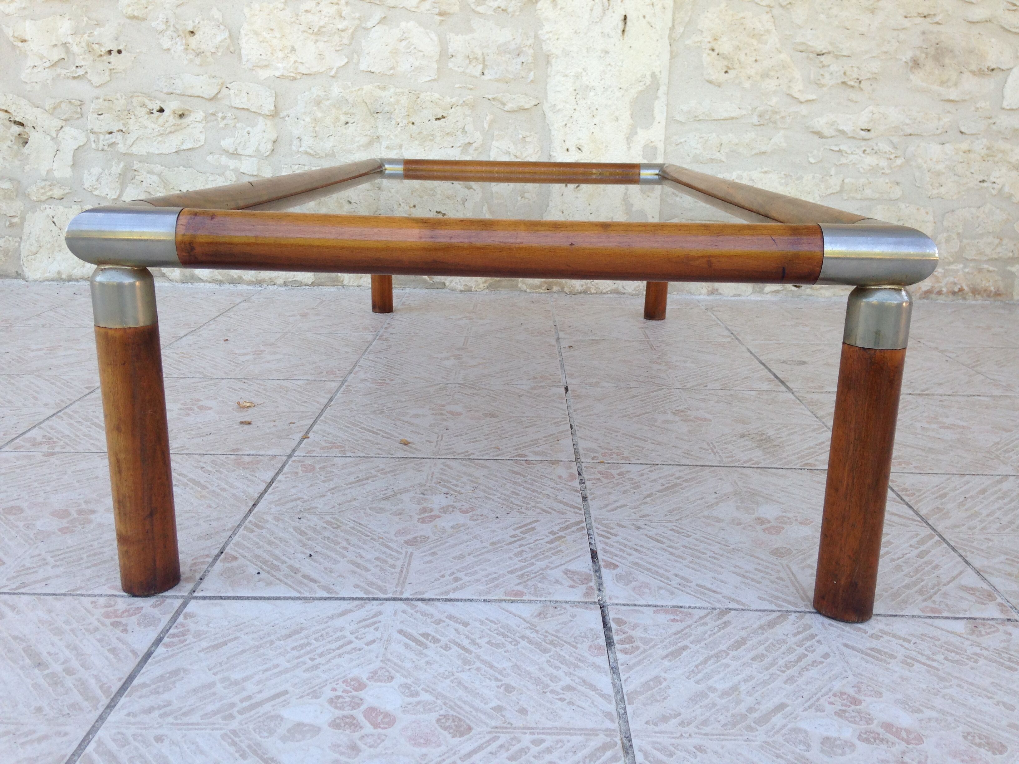 Table design bass, vintage, 70s wood and smoked glass