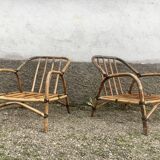 Paire de fauteuil en rotin et sa table ovale vintage
