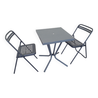 Table and two folding chairs