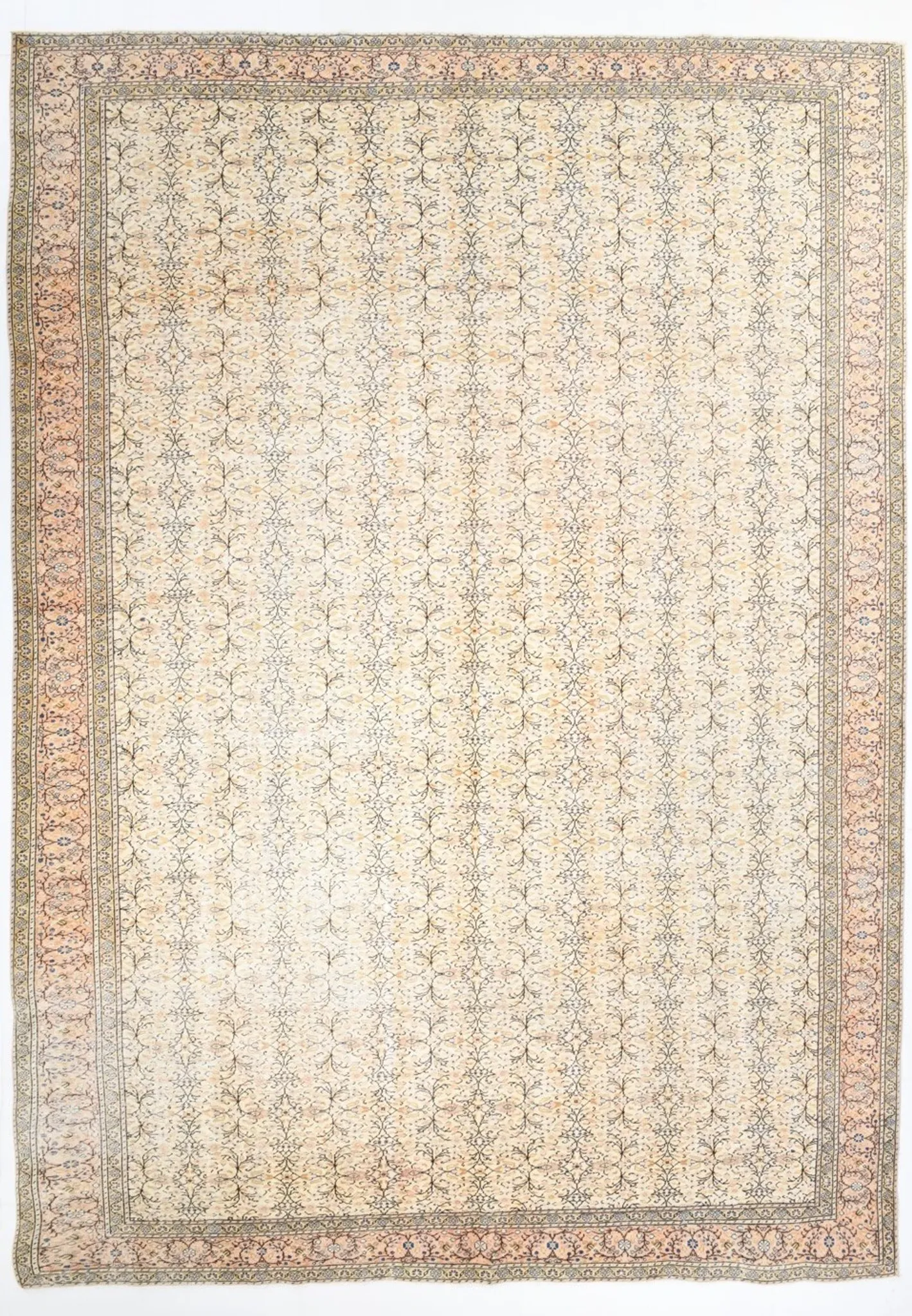 9x13 Vintage Cream Blue Persian Rug, Turkish Handmade Wool Floral Carpet