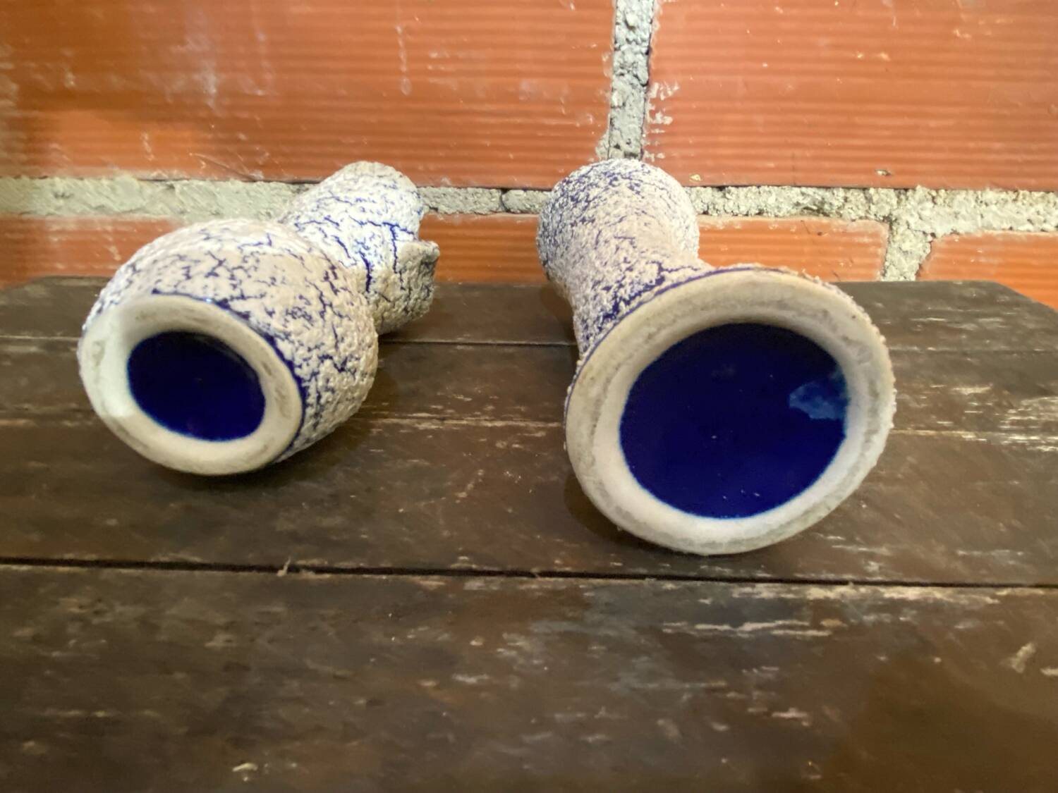 Pair of Snowstone Vases Ceramic White Blue France Vintage #D55
