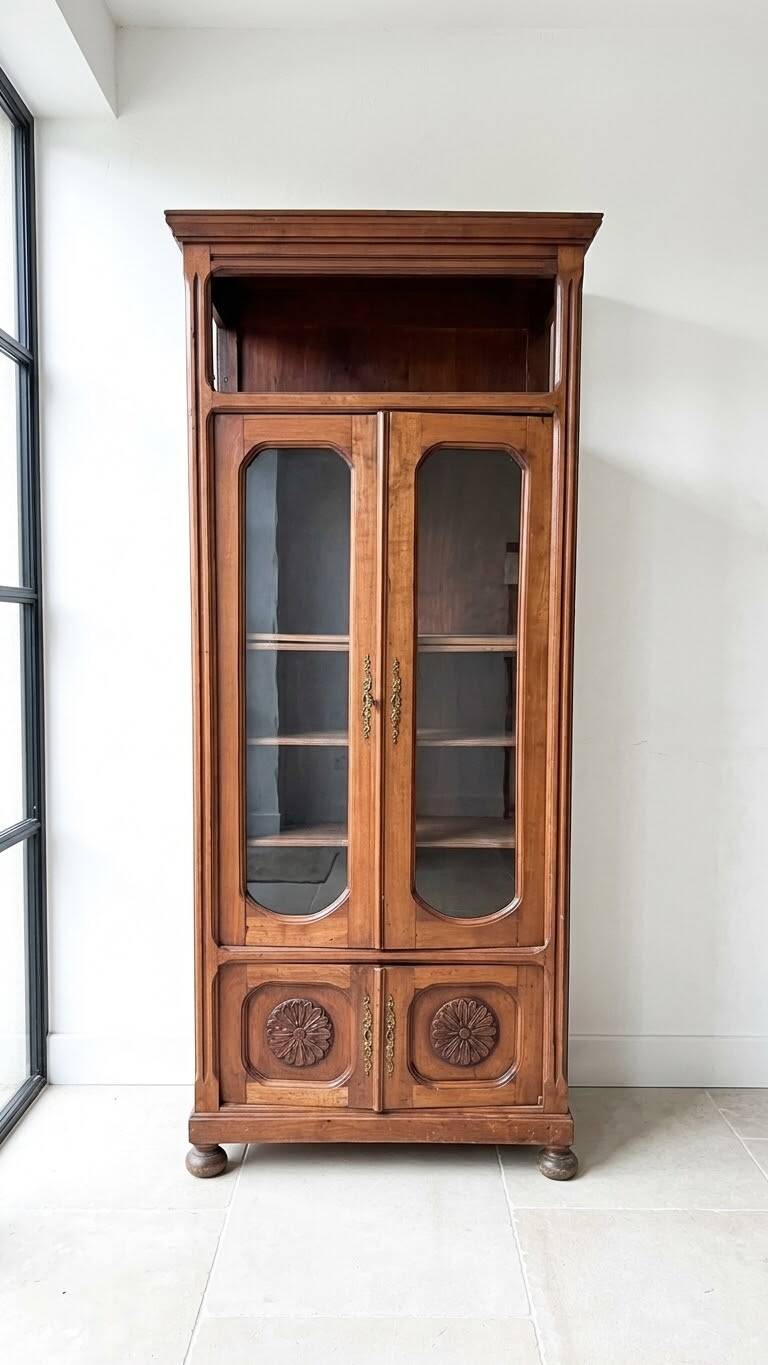 Antique display cabinet in brown wood – glass doors – 180 cm