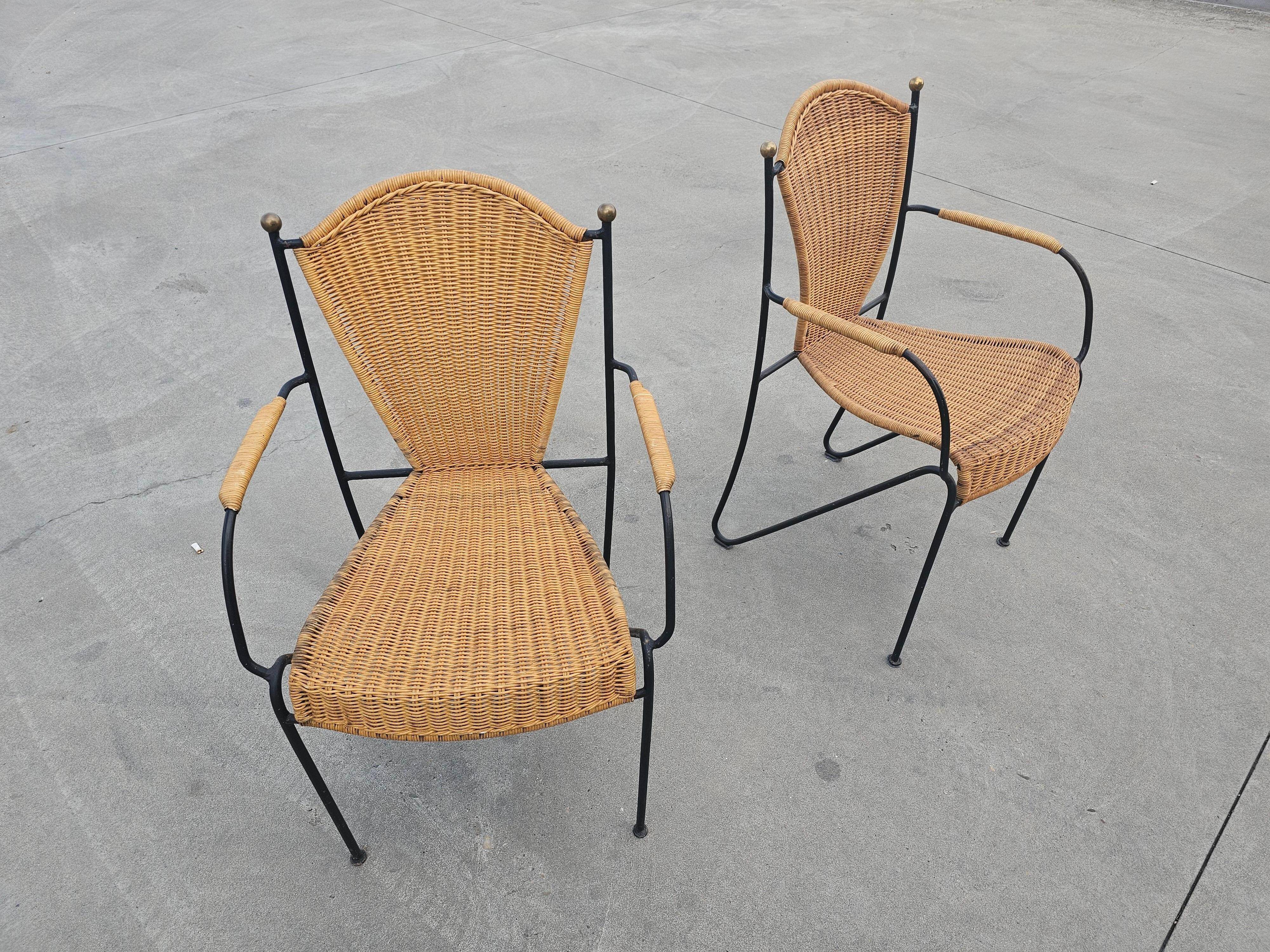 Mid-Century Chair by Frederic Weinberg in Rattan, Iron and Brass