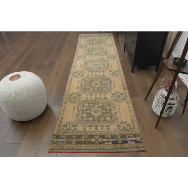 1970s Vintage Turkish Hand-Knotted Wool Cotton Orange Runner Rug 90x344