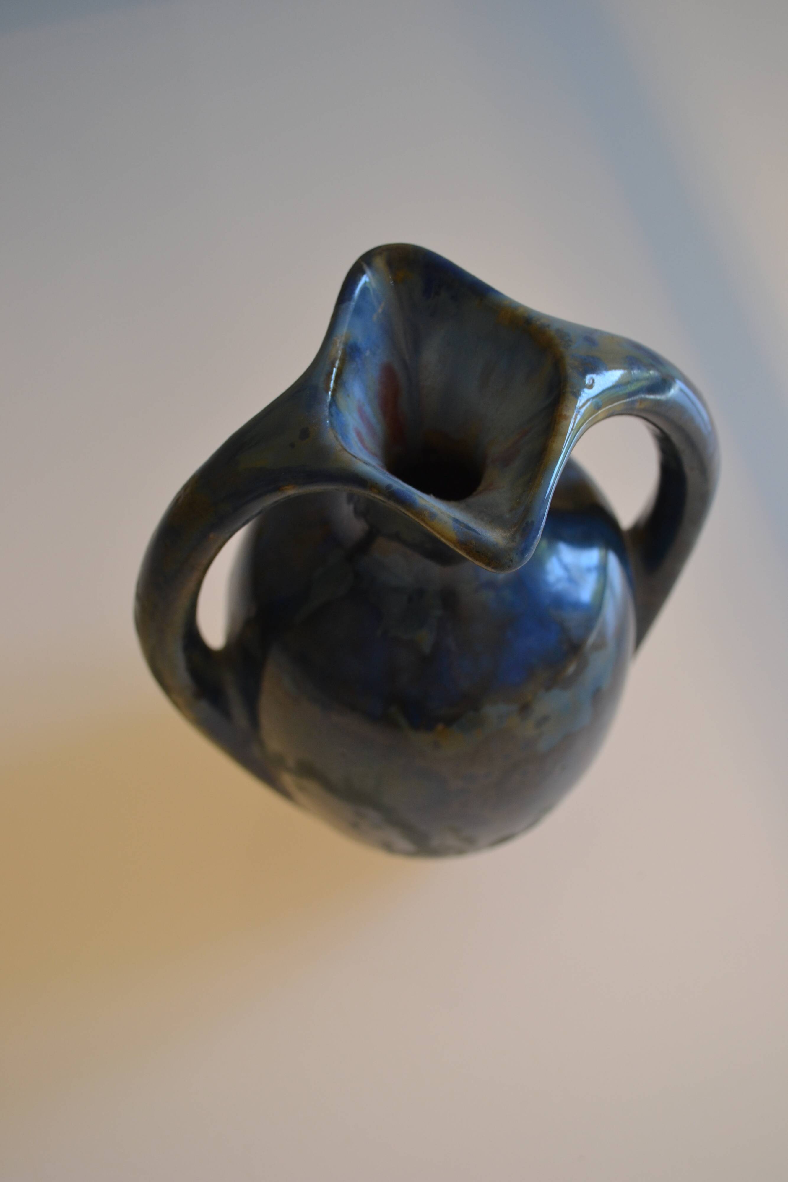 Iridescent Pierrefonds stoneware amphora vase, Art Deco, 1930, signed