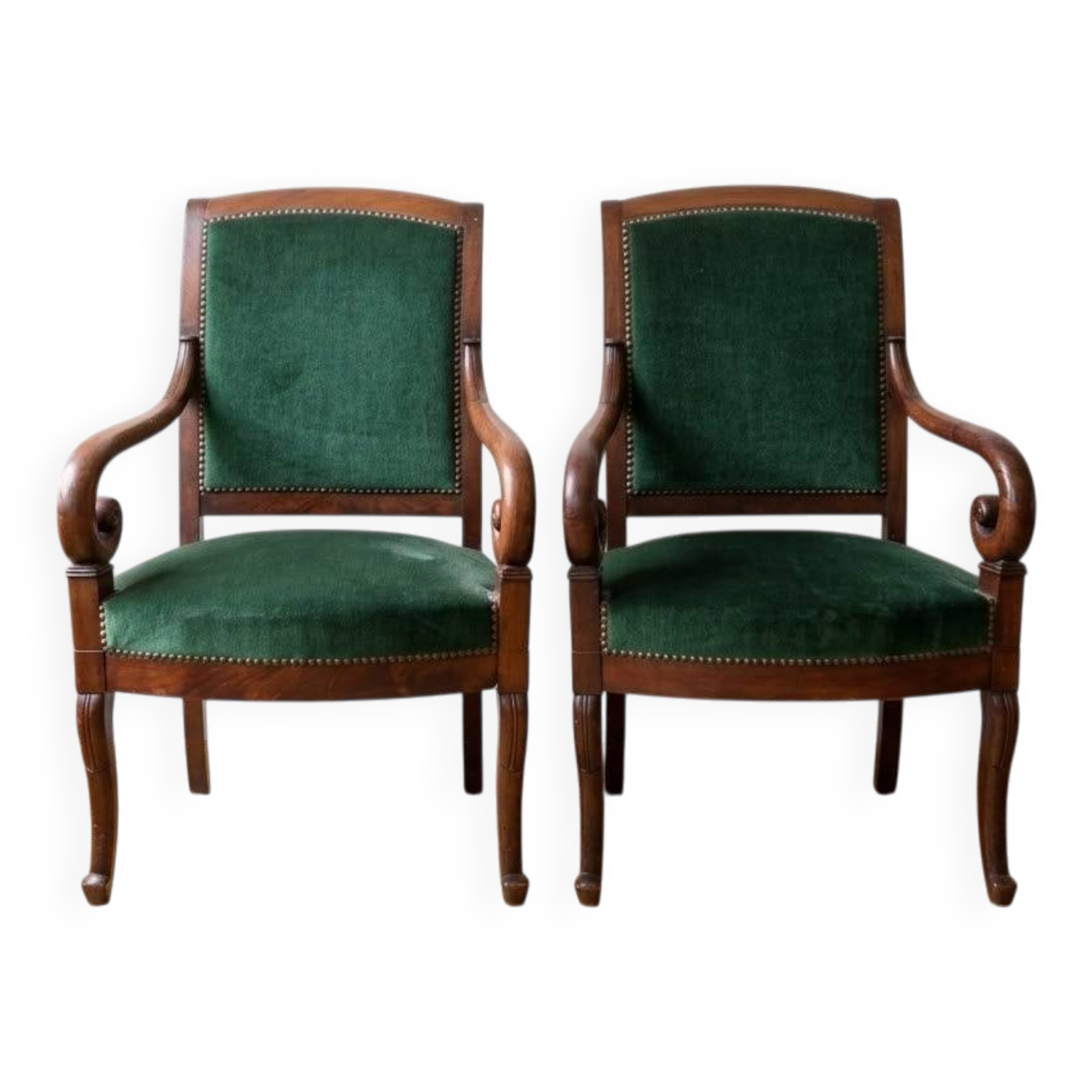 Pair of Empire armchairs in wood and green velvet