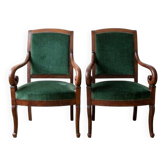 Pair of Empire armchairs in wood and green velvet