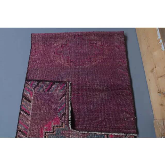 1960s Purple Pink Natural Turkish Hand-Knotted Runner Rug 81x327