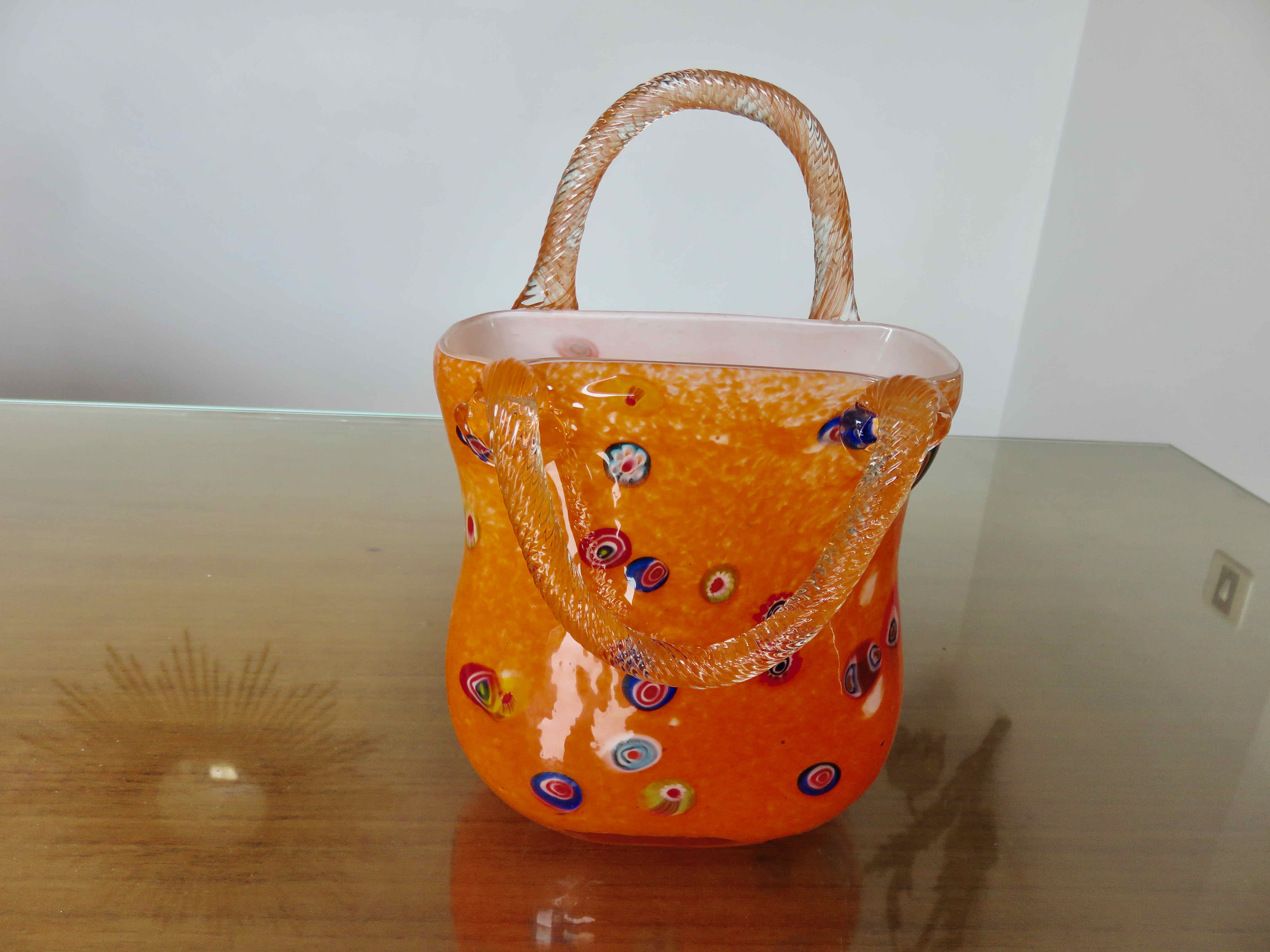 Vase "handbag" in orange Murano glass 60s 70s