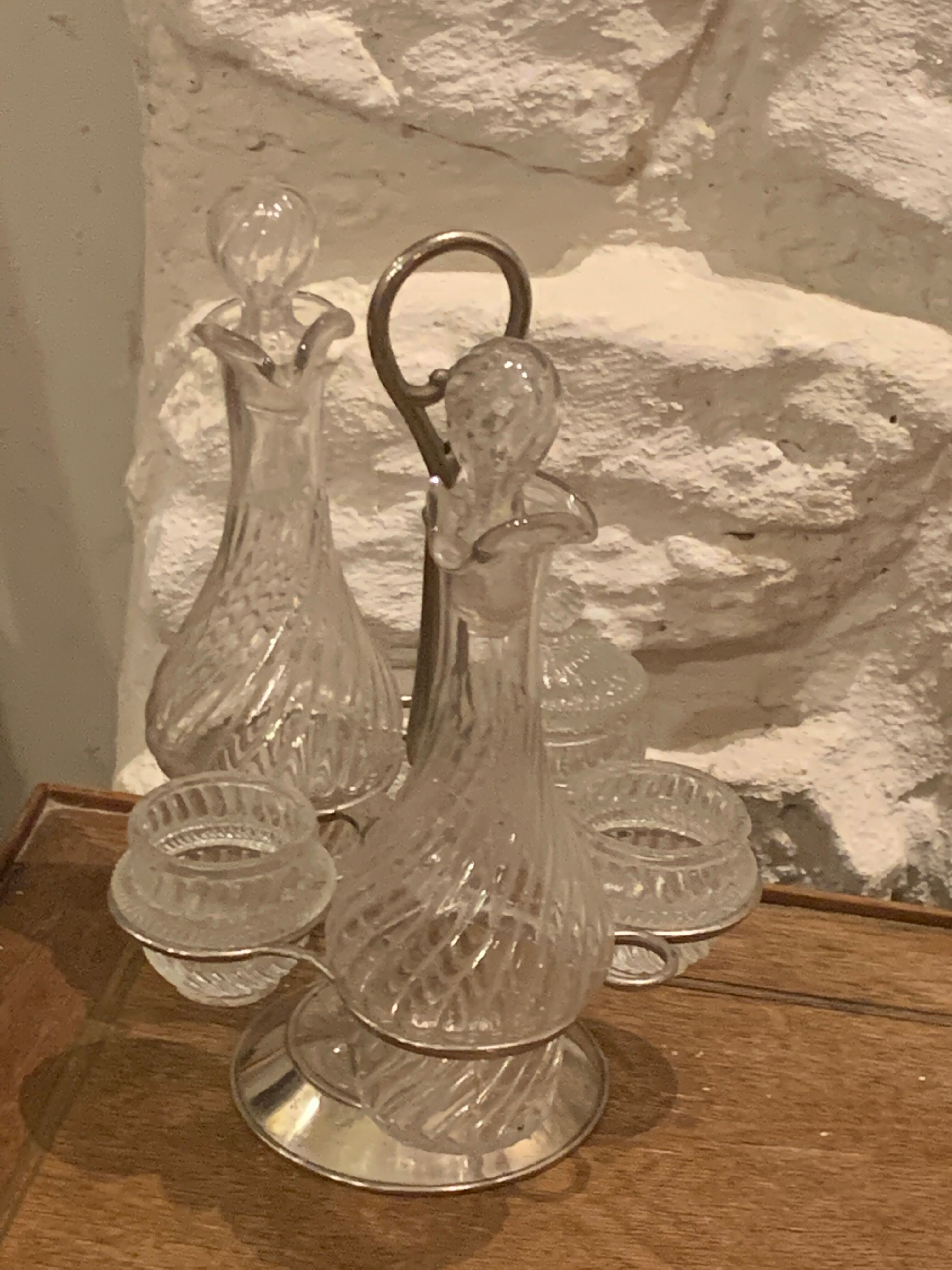 Full bottle bottles salt, pepper, mustard, oil and vinegar art deco
