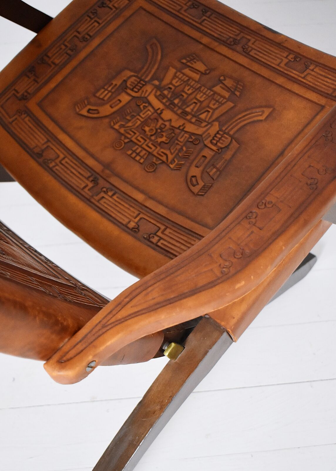 Ecuadorian wood and leather folding chair by Angel Pazmino