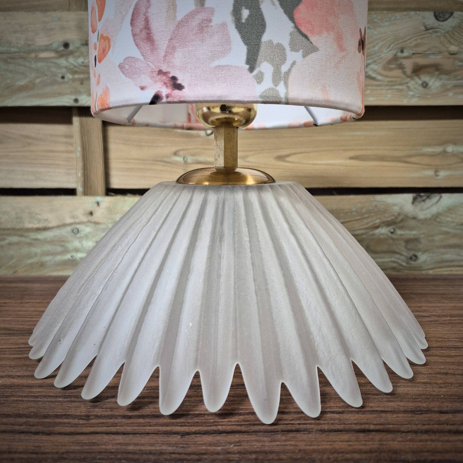 Table lamp, glass base and floral shade