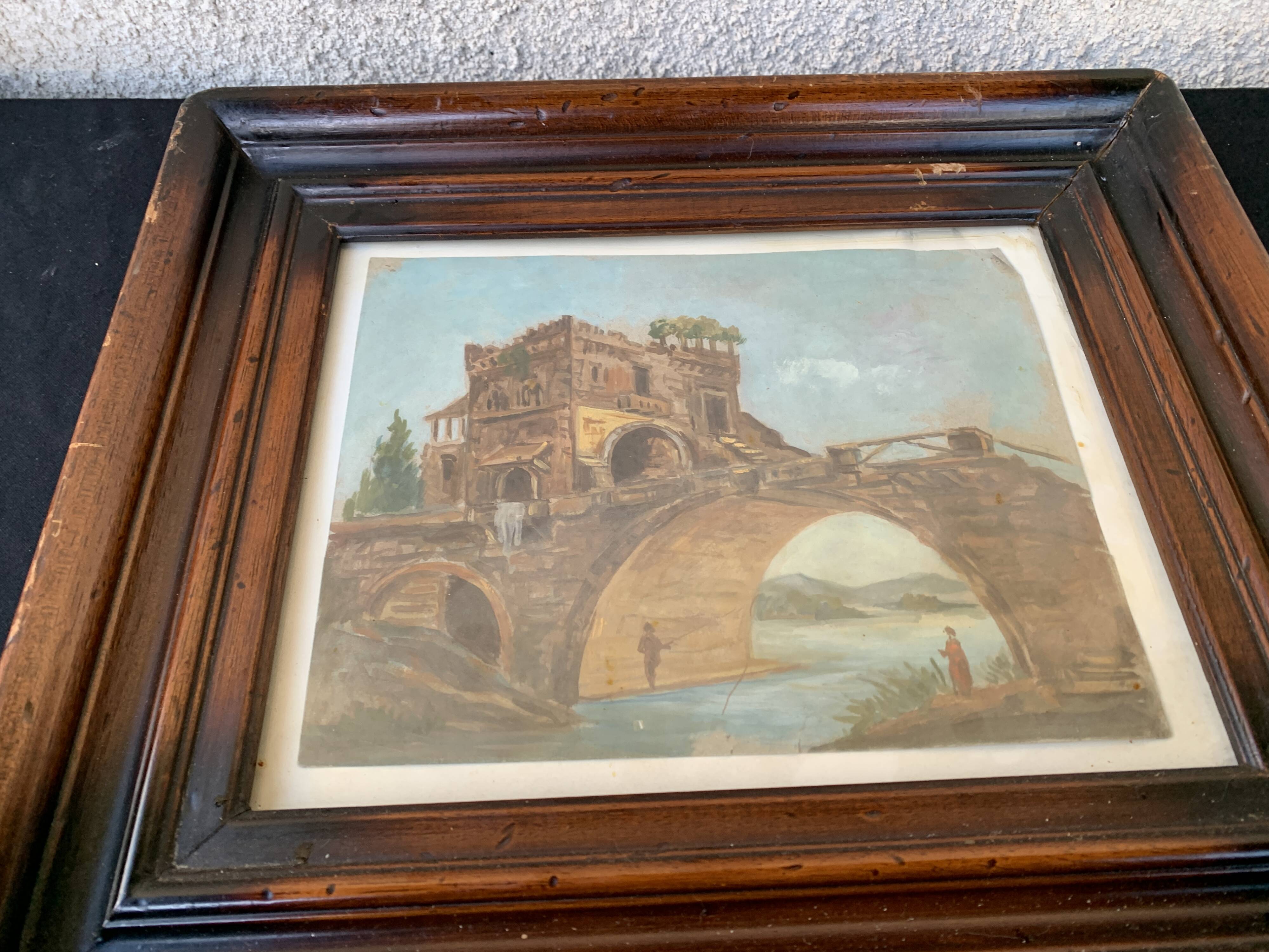 Landscape painting with bridge and figure