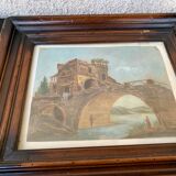 Landscape painting with bridge and figure