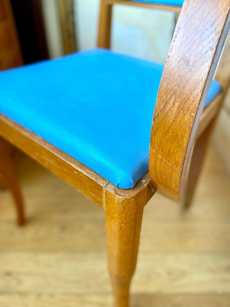 Bridge armchair in wood and blue skaï