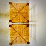 Two light wooden stools varnished and mulched seat