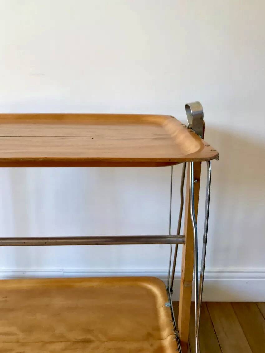 Metal trolley in beech wood and metal upright from the 60s