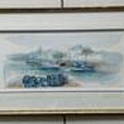 Watercolour by Christian Gaudin framed certificate Guérande fishing port marshes